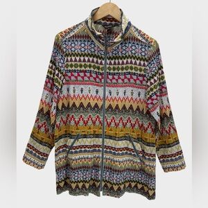 Multiples Tribal Print Zip Front Jacket Wired Collar Boho Artwear Layering Large